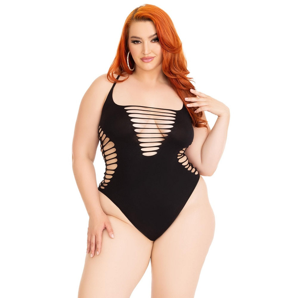 Leg Avenue Shredded Thong Bodysuit Black Plus Size