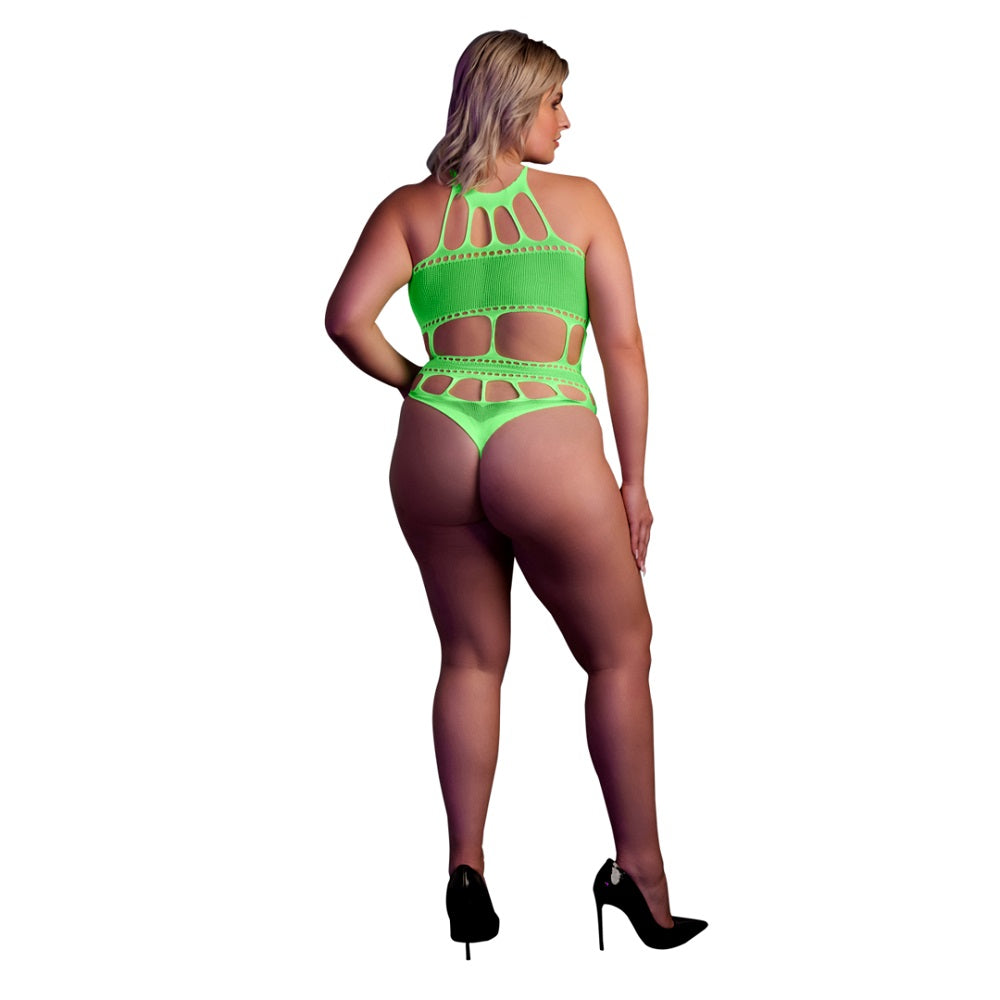 Cut Out Thong Bodysuit Neon Green Plus Size