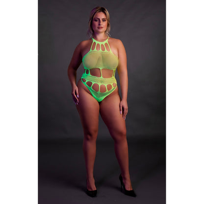 Cut Out Thong Bodysuit Neon Green Plus Size