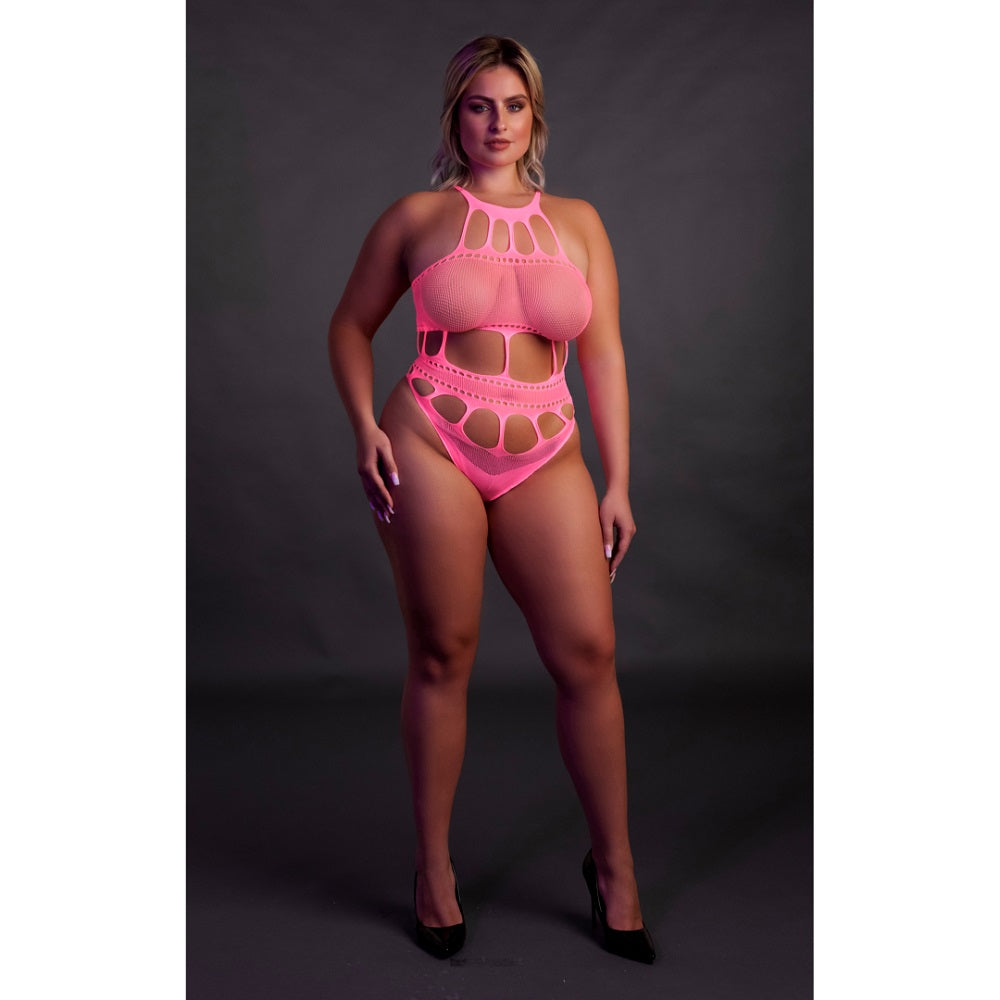 Cut Out Thong Bodysuit Neon Pink Plus Size