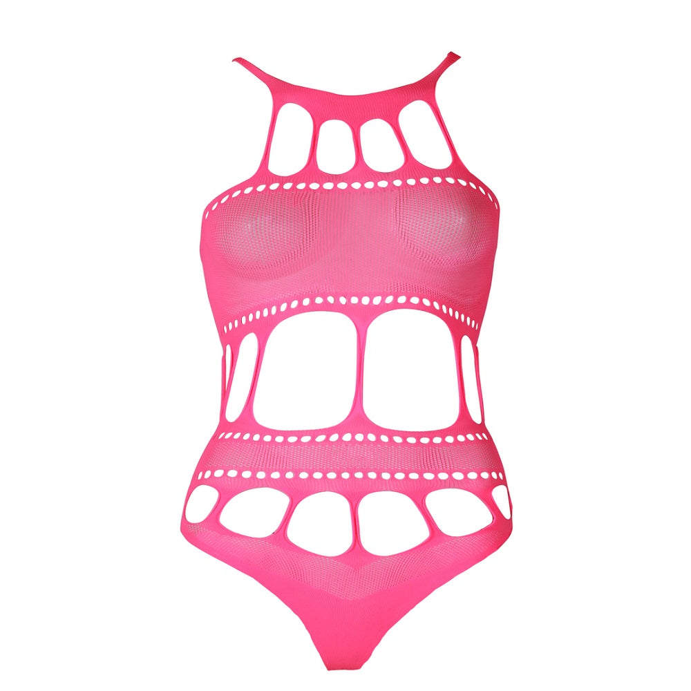 Cut Out Thong Bodysuit Neon Pink Plus Size