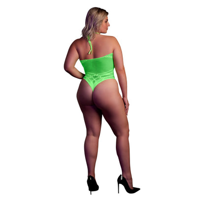 Halter Tie Neck Bodysuit Neon Green Plus Size