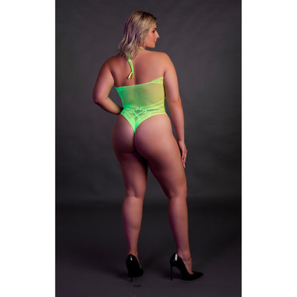 Halter Tie Neck Bodysuit Neon Green Plus Size