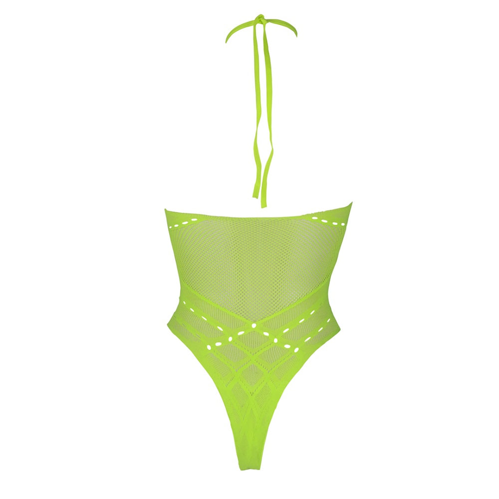 Halter Tie Neck Bodysuit Neon Green Plus Size