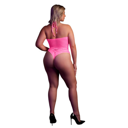 Halter Tie Neck Bodysuit Neon Pink Plus Size