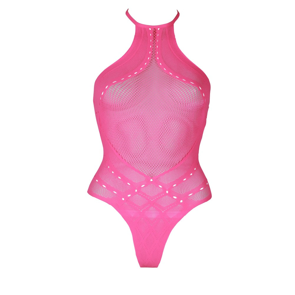 Halter Tie Neck Bodysuit Neon Pink Plus Size